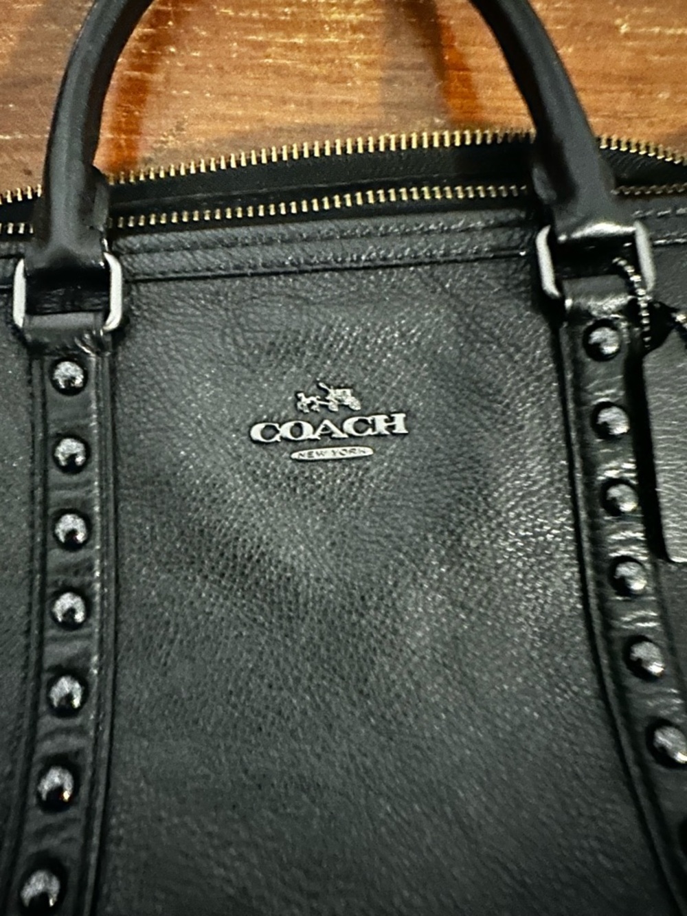 Coach Black Pebbled Leather Messenger Bag with Stud Trim - Picture 2 of 5